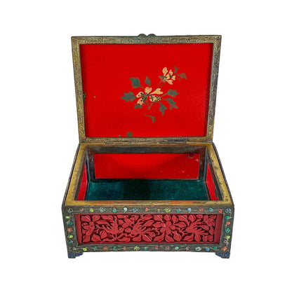 Antq Chinese Cinnabar & Enamel Brass Box