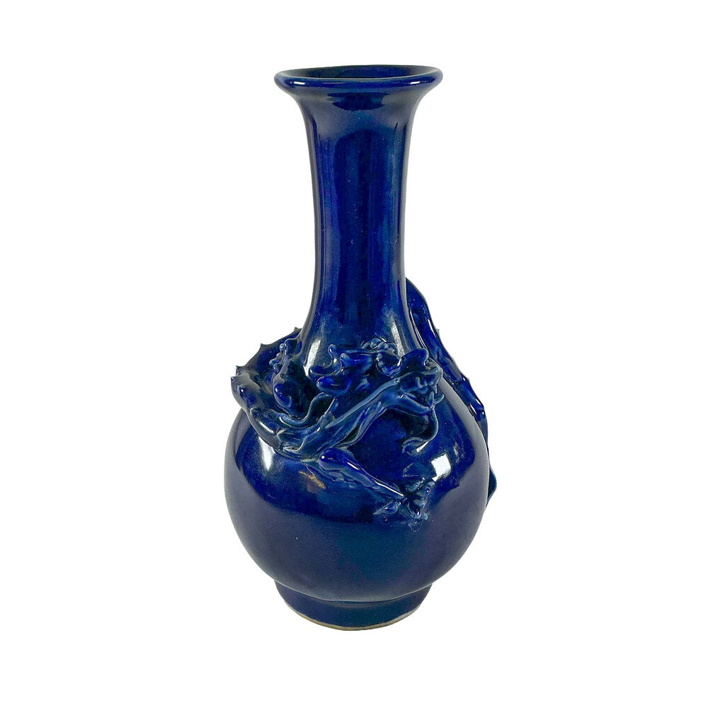 Vntg Cobalt Blue Dragon Vase w/ Stand