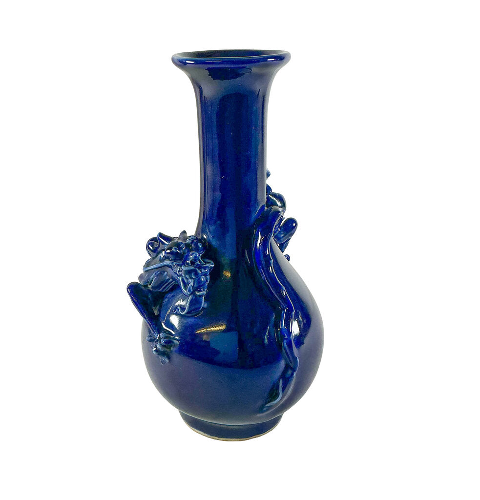 Vntg Cobalt Blue Dragon Vase w/ Stand