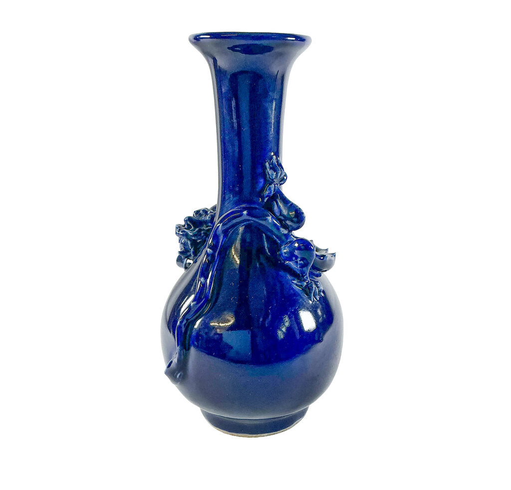 Vntg Cobalt Blue Dragon Vase w/ Stand