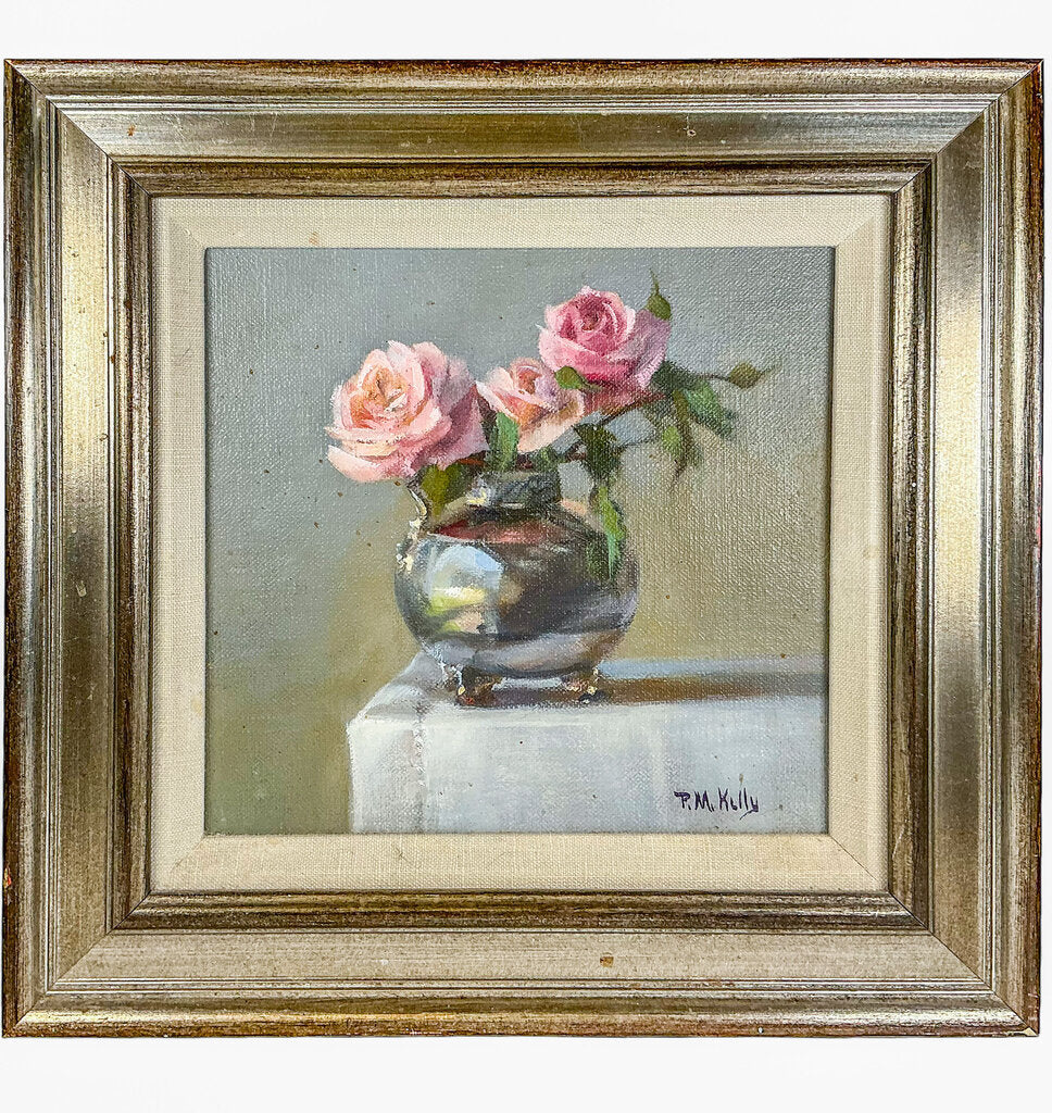 P.M. Kelly. Roses in Silver Vase. Oil on Board.