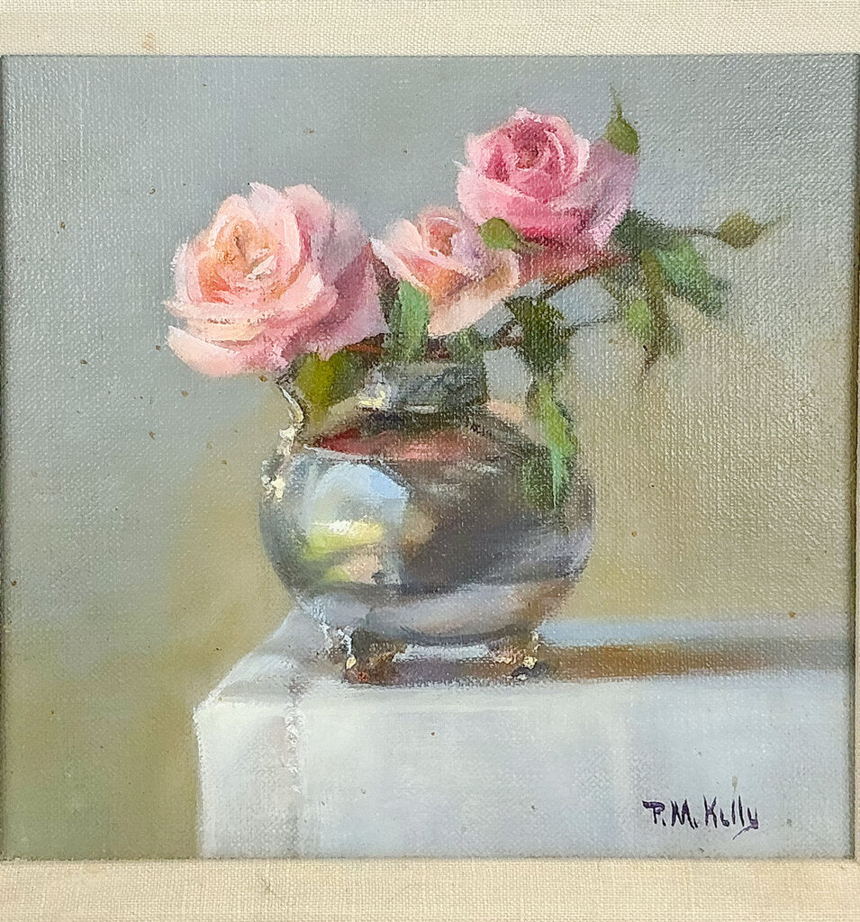 P.M. Kelly. Roses in Silver Vase. Oil on Board.