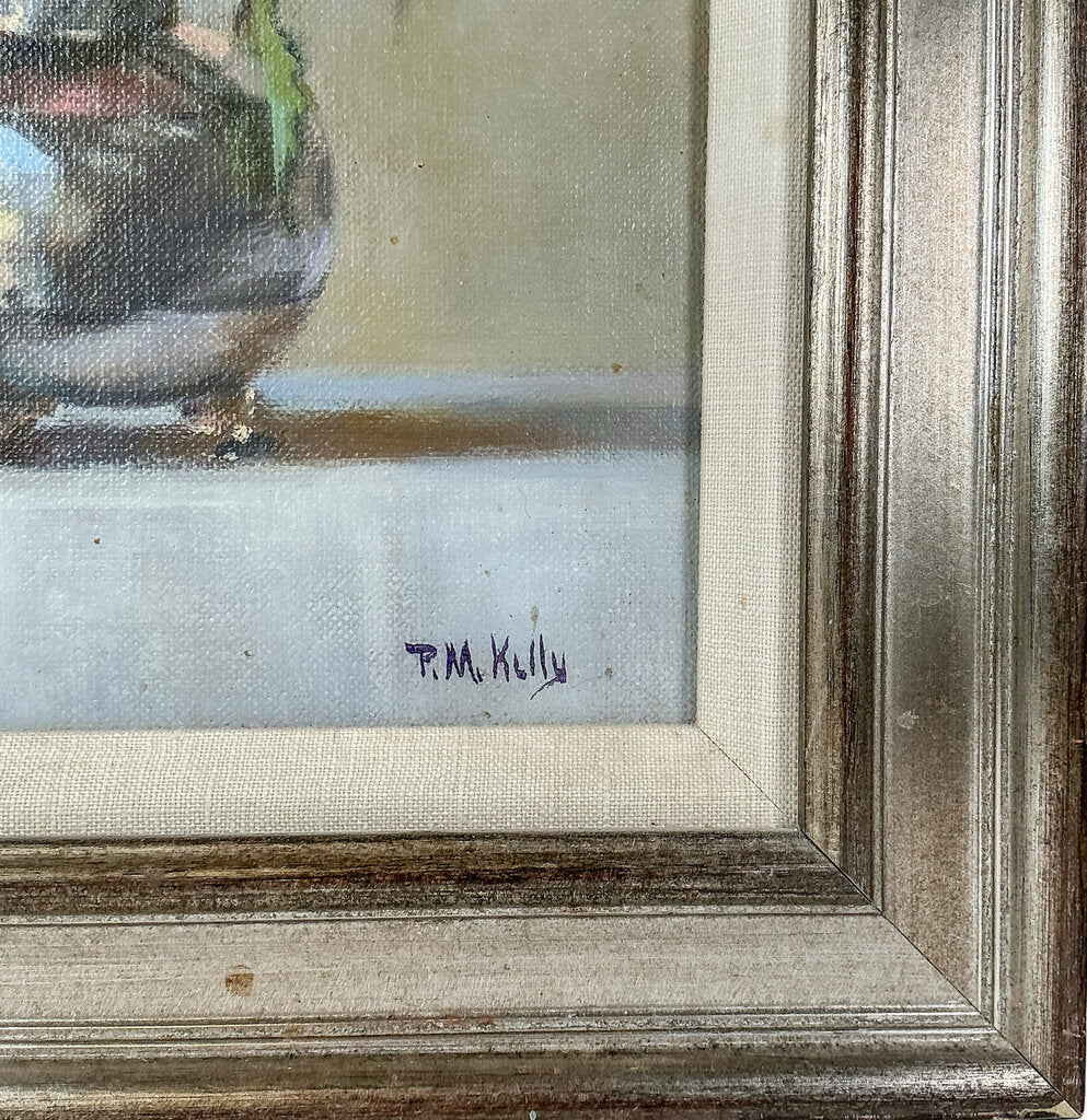 P.M. Kelly. Roses in Silver Vase. Oil on Board.