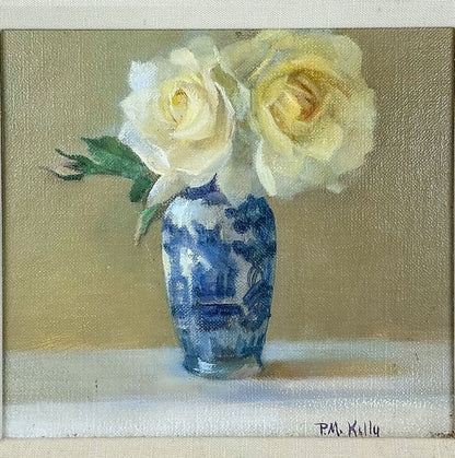 P.M. Kelly. Roses in Blue & White Vase. Oil on Board.