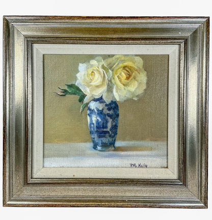 P.M. Kelly. Roses in Blue & White Vase. Oil on Board.