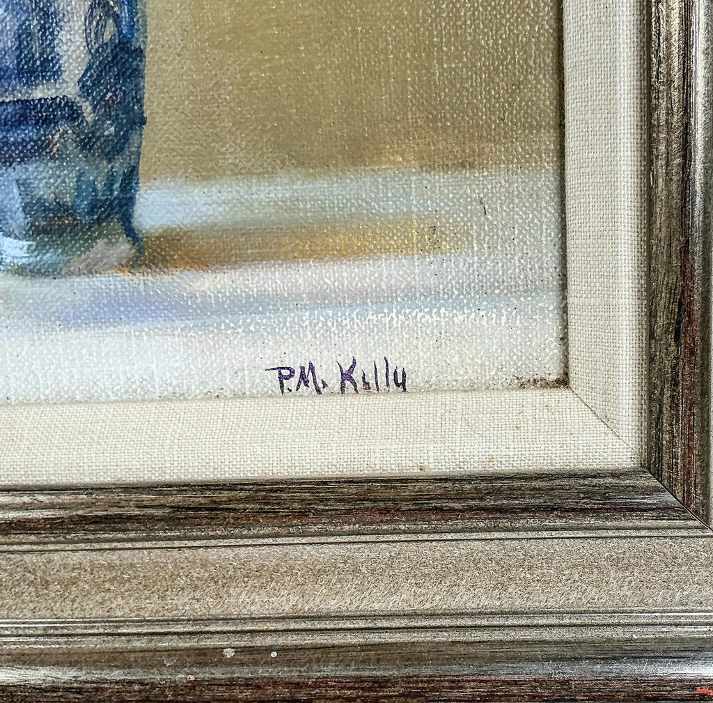 P.M. Kelly. Roses in Blue & White Vase. Oil on Board.