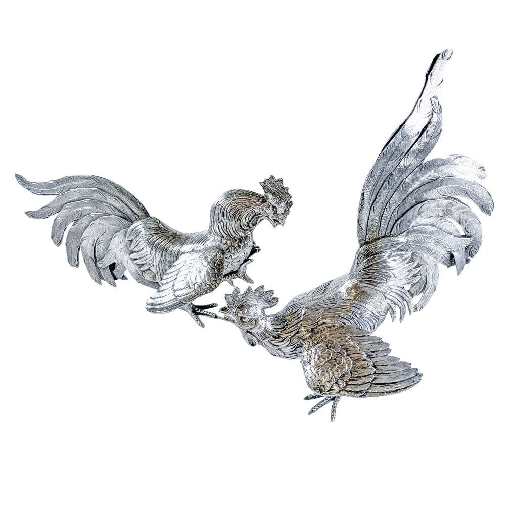 Pair of Antique Sterling Roosters