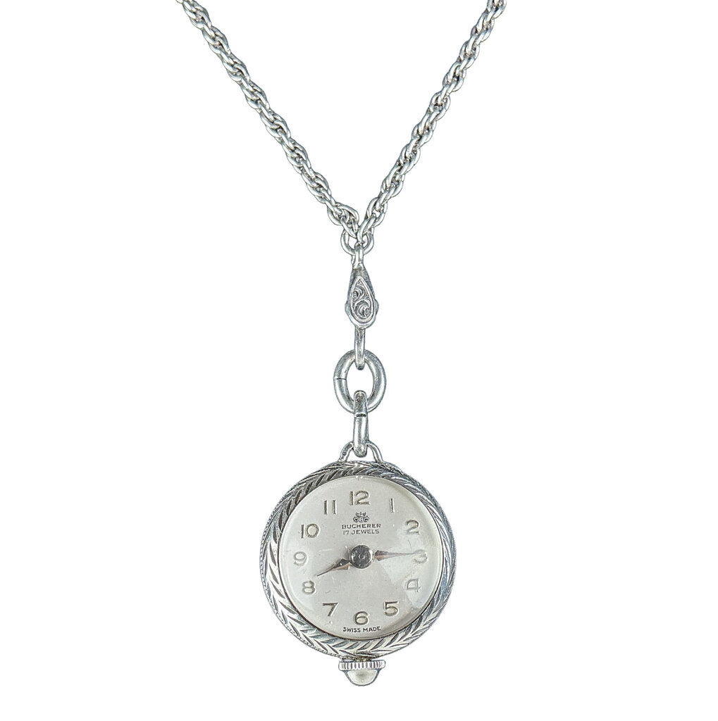 Vintage Ladies Bucherer Sterling Lapel Watch on Sterling Chain