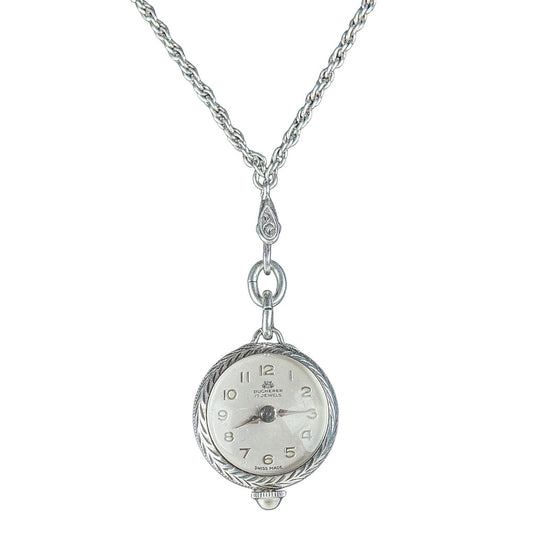 Vintage Ladies Bucherer Sterling Lapel Watch on Sterling Chain