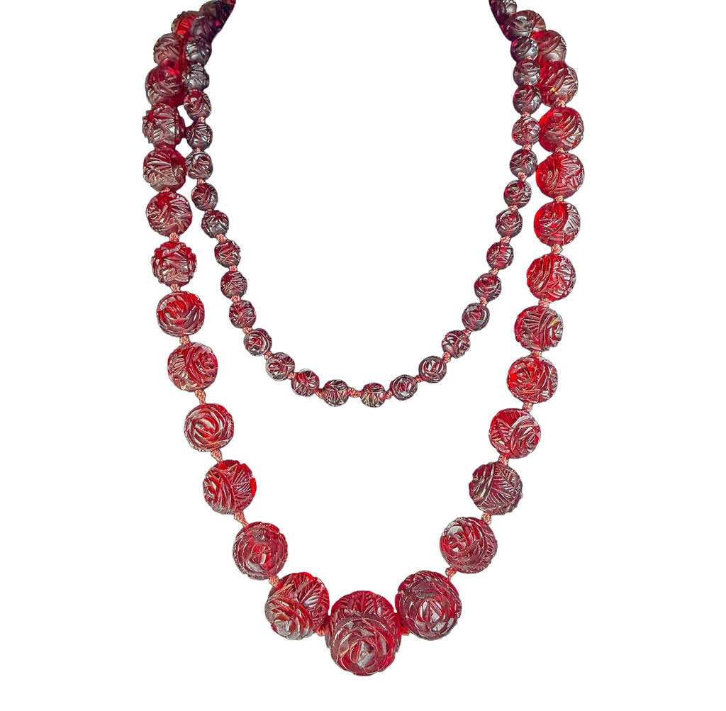 Carved Rose Cherry Amber Necklace