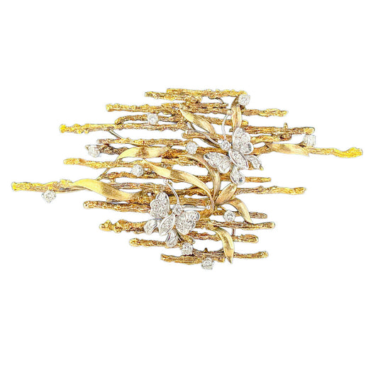 14K YG Modernist Brooch Diamond w Butterflies