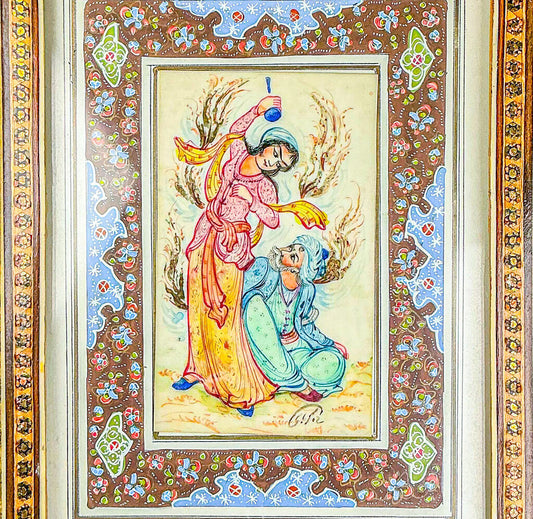 Persian Watercolor on Bone in Micro-mosaic Frame