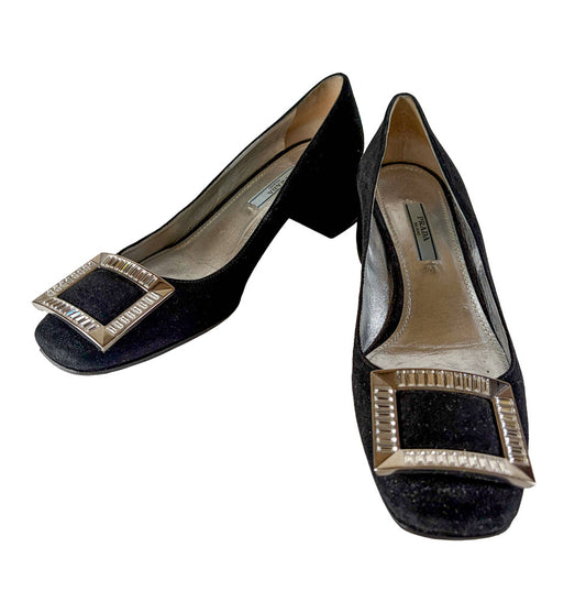 Prada Crystal Buckle Suede Pumps