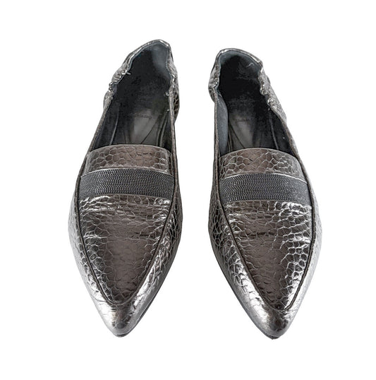 Brunello Cucinelli Metallic Crocodile Embossed Loafers