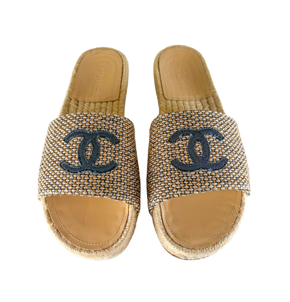 Chanel Tweed CC Espadrille Slide Sandals