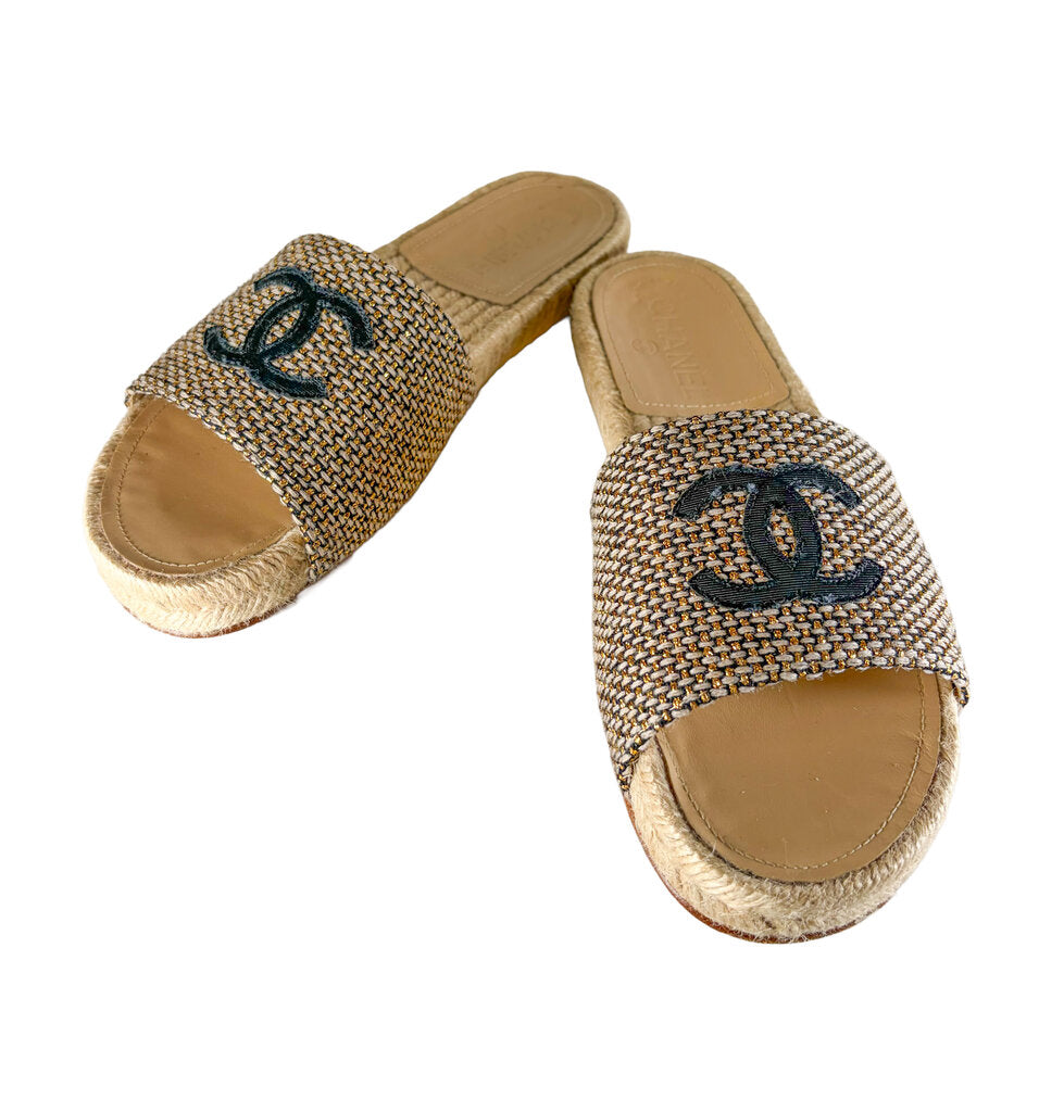 Chanel Tweed CC Espadrille Slide Sandals