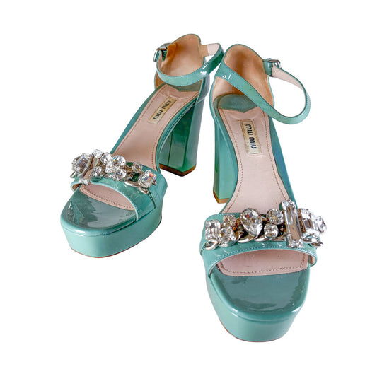 Miu Miu Mint & Crystal Patent Leather Block Heels