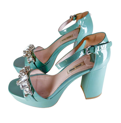 Miu Miu Mint & Crystal Patent Leather Block Heels