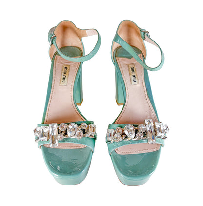 Miu Miu Mint & Crystal Patent Leather Block Heels