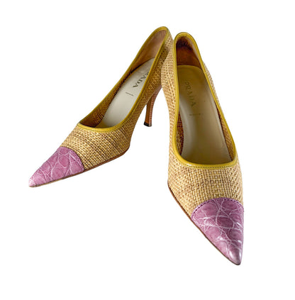 Prada Raffia Pink Croc Cap Toe Pumps