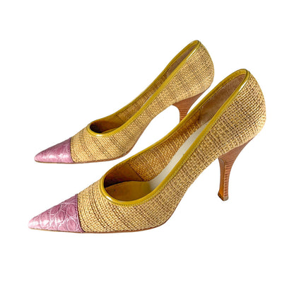 Prada Raffia Pink Croc Cap Toe Pumps