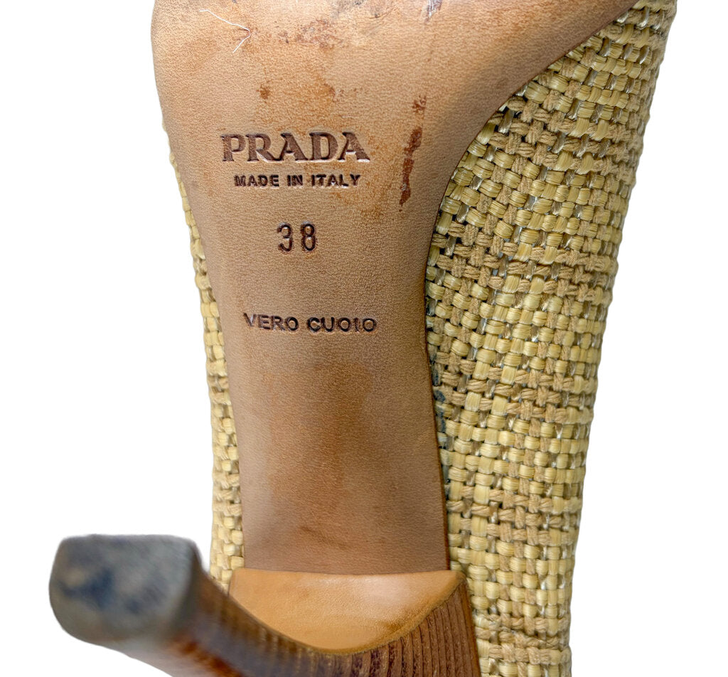 Prada Raffia Pink Croc Cap Toe Pumps