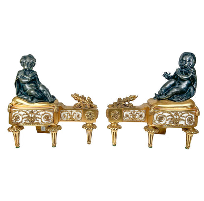 PAIR 19c French Louis XVI Style Gilt & Bronze Figural Andirons