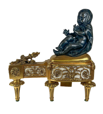 PAIR 19c French Louis XVI Style Gilt & Bronze Figural Andirons