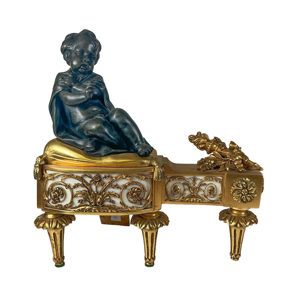 PAIR 19c French Louis XVI Style Gilt & Bronze Figural Andirons