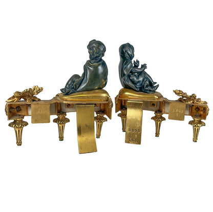 PAIR 19c French Louis XVI Style Gilt & Bronze Figural Andirons