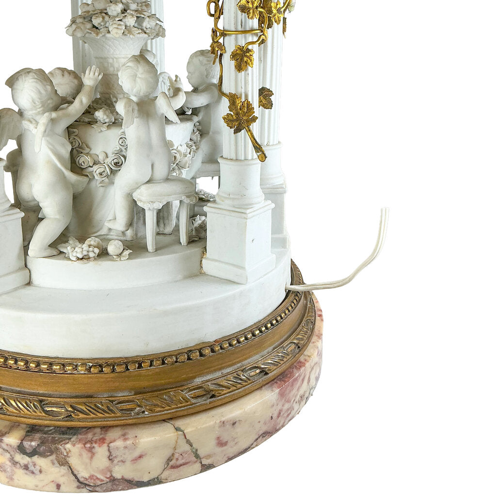 Antq French Louis XVI Bisque Porcelain Gazebo w/ Putti
