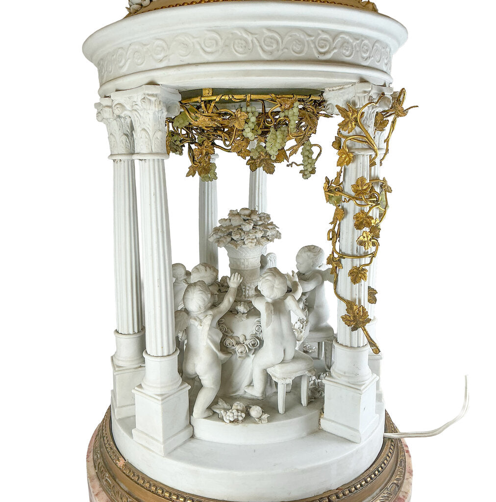 Antq French Louis XVI Bisque Porcelain Gazebo w/ Putti