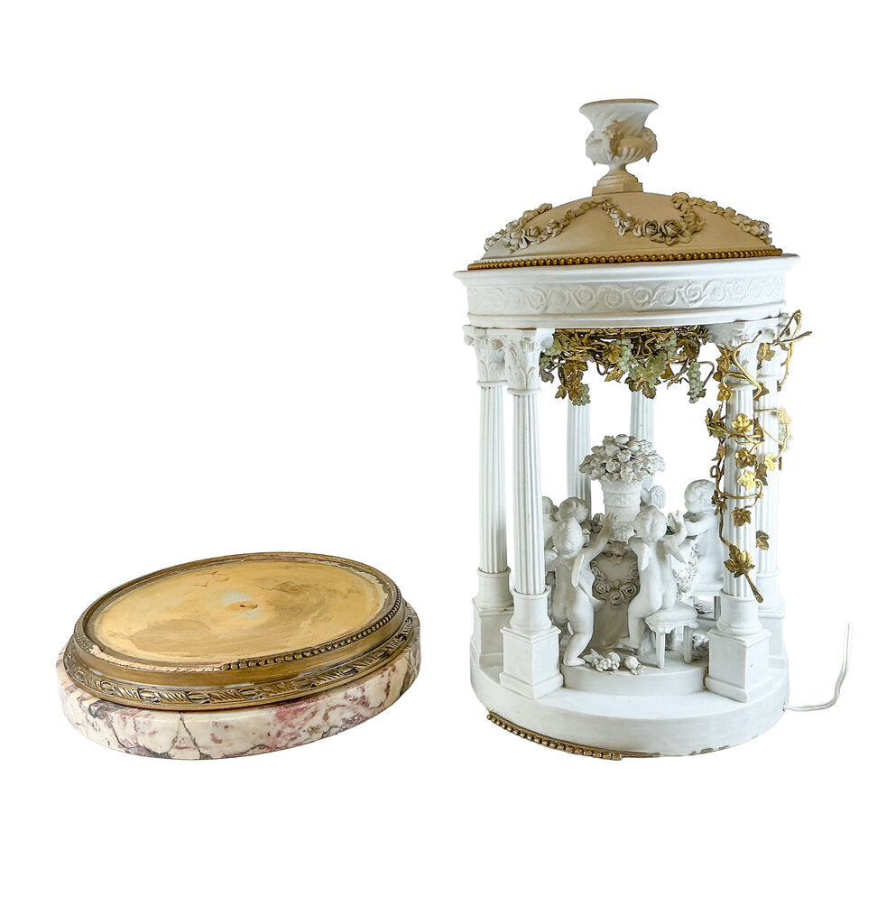 Antq French Louis XVI Bisque Porcelain Gazebo w/ Putti