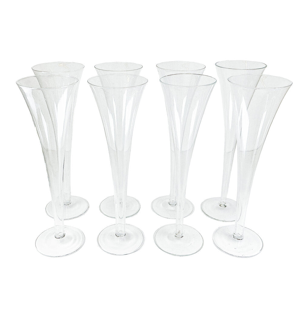 8 PC Tiffany & Co Trumpet Crystal Hollow Stem Champagne Flutes