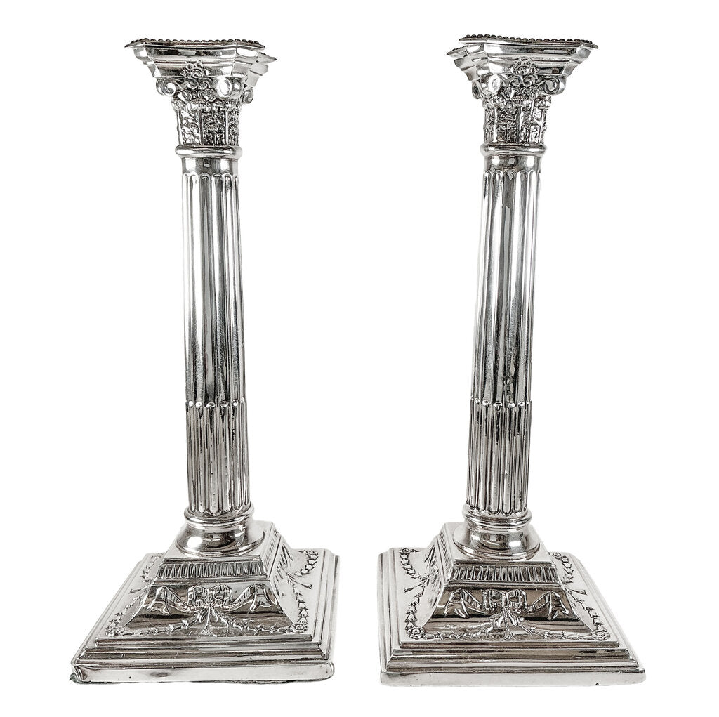 Pair of Sterling British Corinthian Column Candlesticks