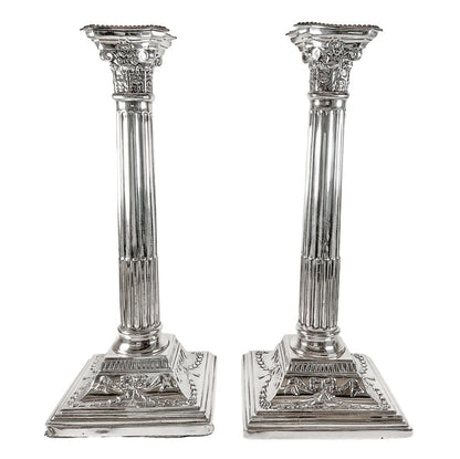 Pair of Sterling British Corinthian Column Candlesticks