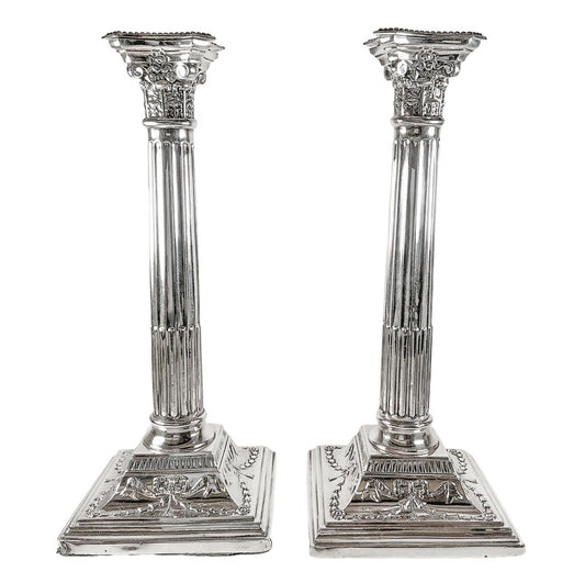 Pair of Sterling British Corinthian Column Candlesticks