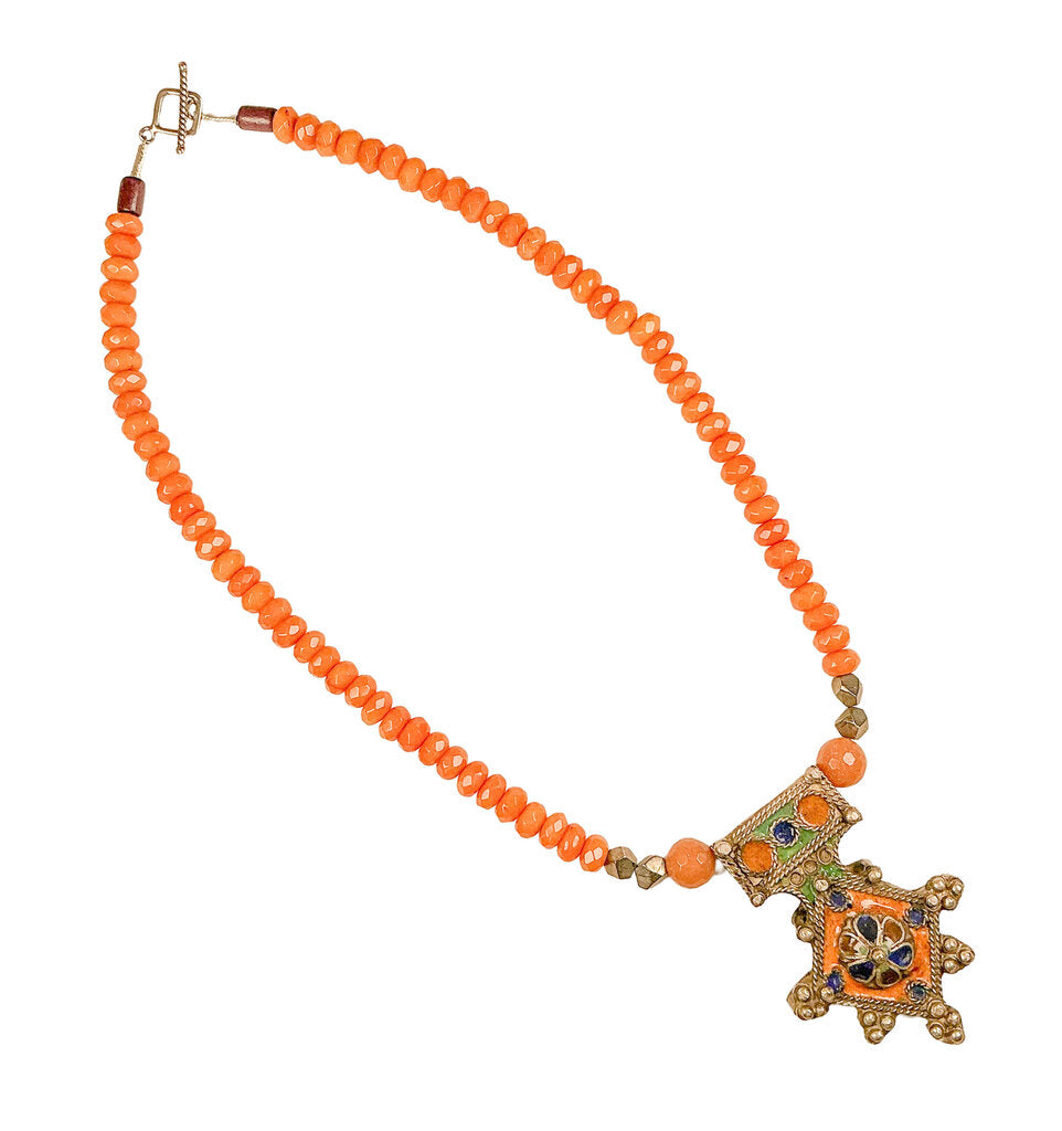 Faceted Agate Beads w/ Enameled Morrocan Pendant