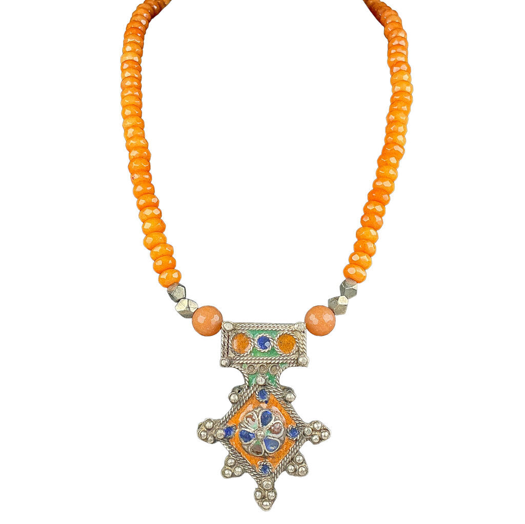 Faceted Agate Beads w/ Enameled Morrocan Pendant