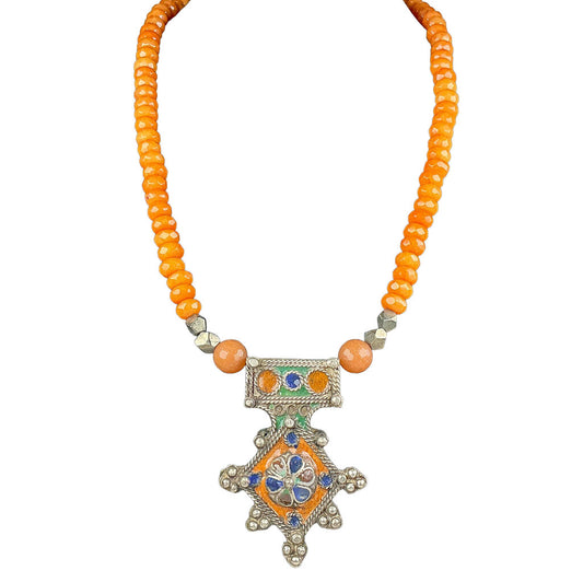 Faceted Agate Beads w/ Enameled Morrocan Pendant
