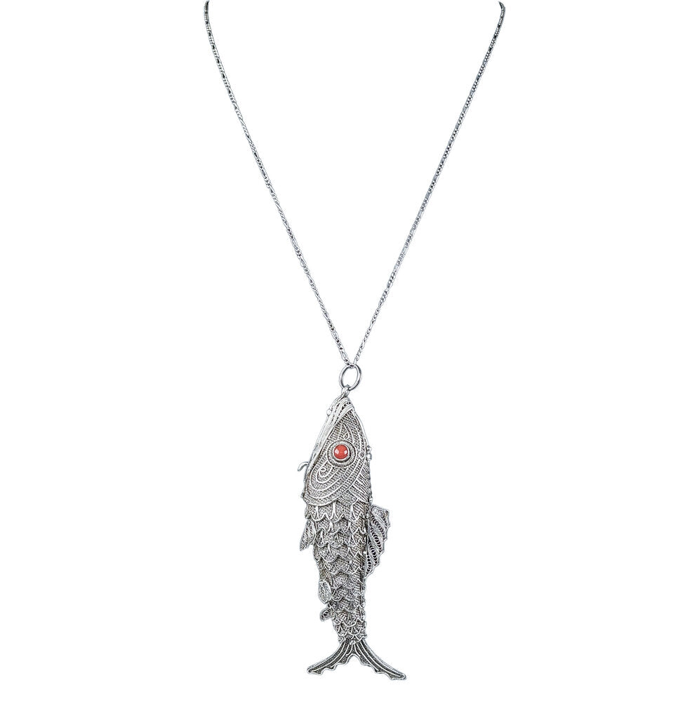 Vntg Sterling Silver Articulated Fish Pendant Necklace