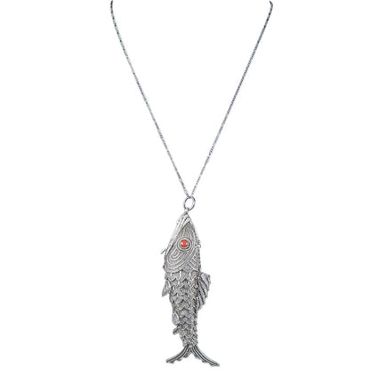 Vntg Sterling Silver Articulated Fish Pendant Necklace