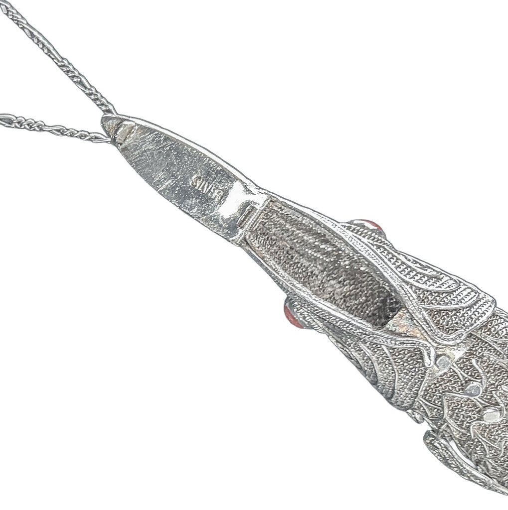 Vntg Sterling Silver Articulated Fish Pendant Necklace