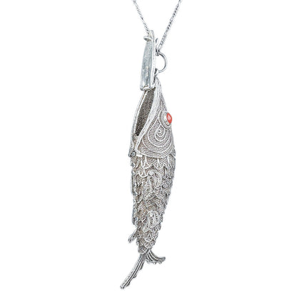 Vntg Sterling Silver Articulated Fish Pendant Necklace