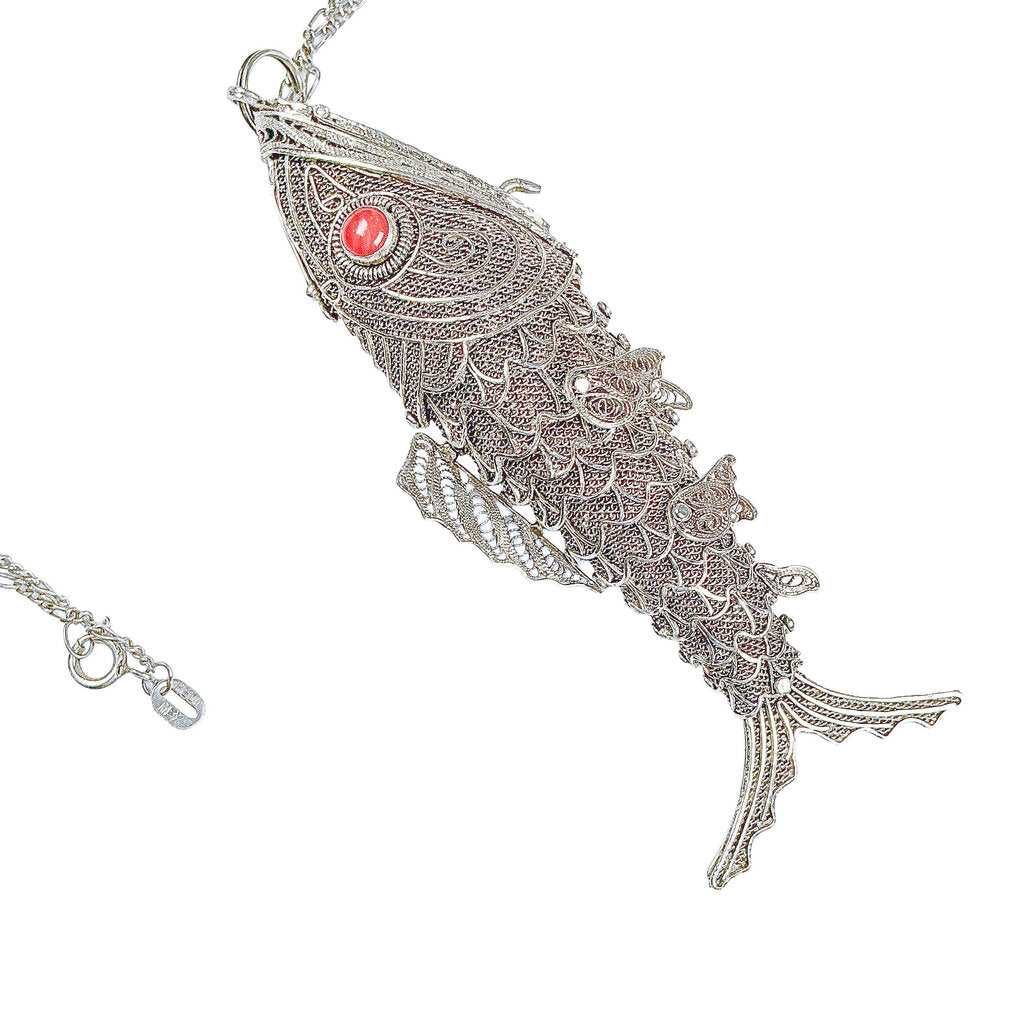 Vntg Sterling Silver Articulated Fish Pendant Necklace