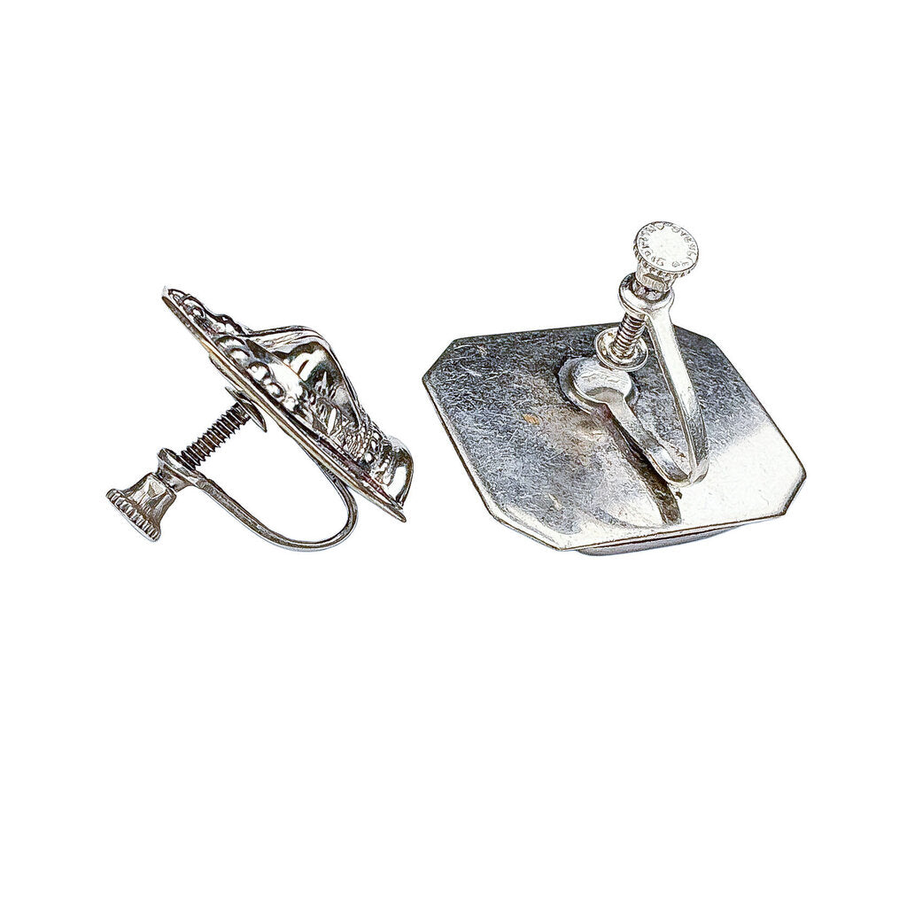 Vntg Sterling Coronation Crown Screw Back Earrings