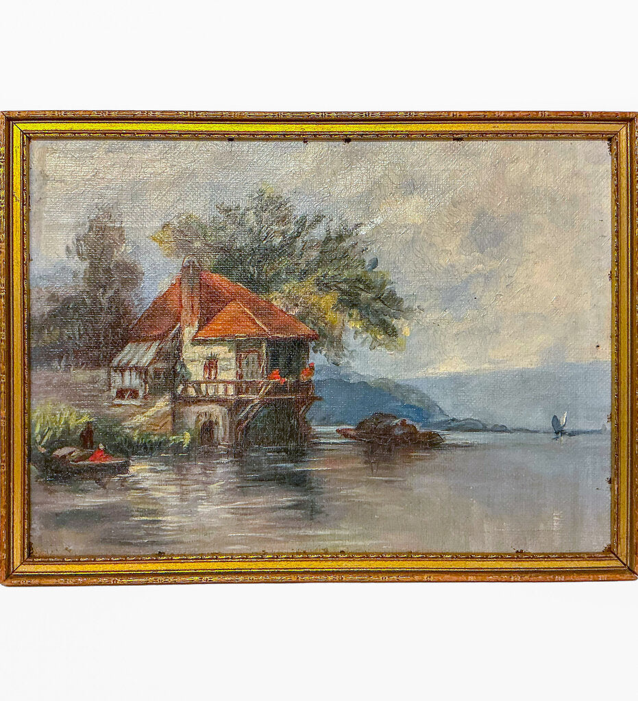 Hudson River School, "House Along the River", Oil on Canvas, late 19th C.