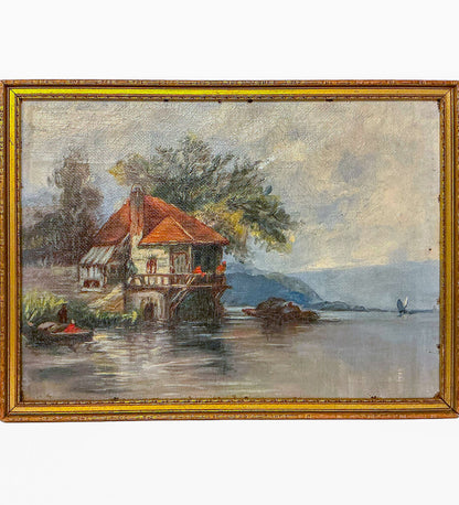 Hudson River School, "House Along the River", Oil on Canvas, late 19th C.