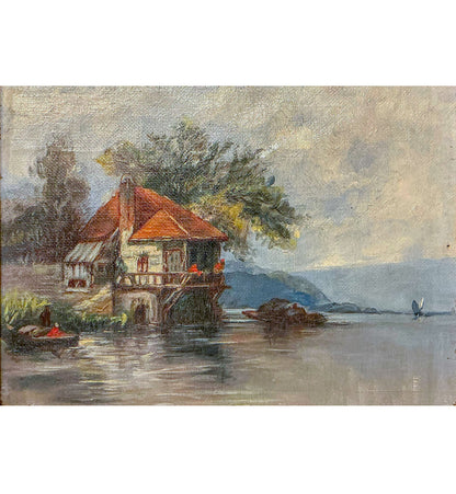 Hudson River School, "House Along the River", Oil on Canvas, late 19th C.
