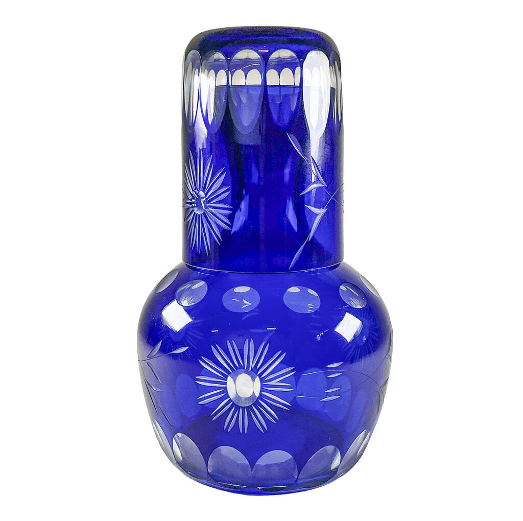 Cobalt Blue Cut to Clear Crystal Tumbler w/ Decanter